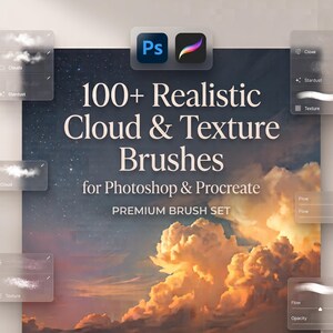 May include: A digital product display featuring 100+ Realistic Cloud & Texture Brushes for Photoshop & Procreate. The central image shows a sunset sky with golden clouds. Translucent panels display brush settings, icons, and text overlays.