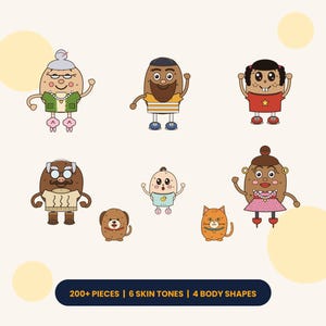 May include: Build-A-Potato Family mix-and-match potato paper dolls set featuring various cartoon potato characters with different outfits, accessories, and expressions. Includes a dog and cat, with text stating 200+ pieces, 6 skin tones, 4 body shapes, and instant download.