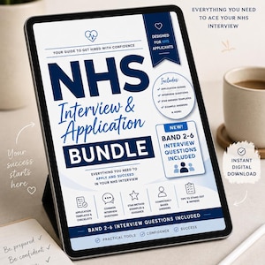 May include: A digital tablet displaying the NHS Interview & Application Bundle, featuring text that includes Prepare. Practice. Succeed., Everything you need to ace your NHS interview, and Band 2-6 interview questions included, with various icons.