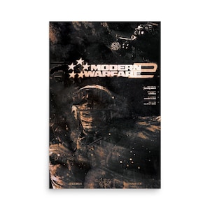 May include: A vertical poster featuring the Modern Warfare 2 logo in white text with five stars. The artwork displays a soldier in tactical gear and a helmet, rendered in a dark, gritty, sepia-toned aesthetic with scattered light particles.