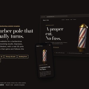 Peut inclure: Un aperçu numérique d'un modèle de site web de salon de coiffure avec un graphique de poteau de barbier en 3D. La mise en page affiche le texte A barber pole that actually turns, A proper cut. No fuss., et Blade & Oak sur un fond sombre avec des étiquettes HTML, CSS, JS et Three.js.