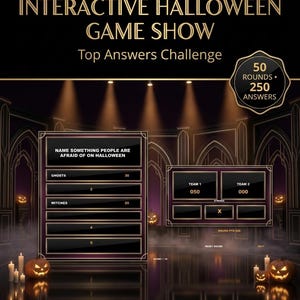 May include: A 50-round interactive Halloween game show digital display featuring a black and gold theme with glowing jack-o'-lanterns. The screen shows a survey question, team scores, and strike indicators. Text includes 50-ROUND INTERACTIVE HALLOWEEN GAME SHOW, Top Answers Challenge, 50 ROUNDS 250 ANSWERS, NO INTERNET NO SUBSCRIPTION NO APPS.