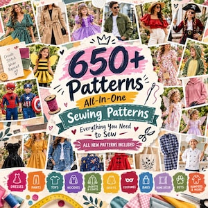 Può includere: Un collage digitale con il titolo centrale 650+ Patterns All-In-One Sewing Patterns Everything You Need to Sew con icone per abiti, pantaloni, top, felpe, giacche, gonne, costumi, borse, decorazioni per la casa, animali e tutine.