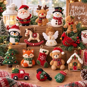 May include: A collection of felt Christmas ornaments featuring a Santa Claus, reindeer, snowman, gingerbread person, penguin, rocking horse, angel, cardinal, tree, fox, stocking, teddy bear, house, truck, bullfinch, and mitten with festive details.