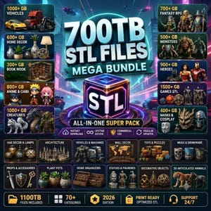 Op de afbeelding: Een digitale advertentie voor een 700TB STL-bestanden megabundel met een centrale kubus met de tekst STL. De afbeelding toont diverse categorieën, waaronder voertuigen, fantasy RPG, woondecoratie, monsters, helden en diverse spellen.