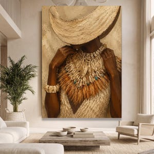 May include: A textured oil painting on canvas depicting a figure wearing a wide-brimmed hat, a layered shell necklace with small turquoise accents, and a thick bracelet. The artwork features a monochromatic beige and brown color palette.