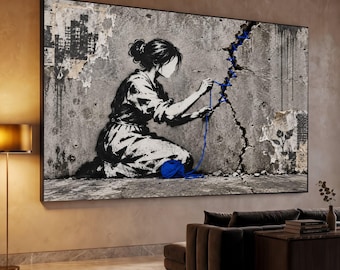 Banksy Style Street Art Canvas, Woman Stitching Wall Crack, Urban Graffiti Wall Decor, Contemporary Canvas Wall Art, Social Commentary Art