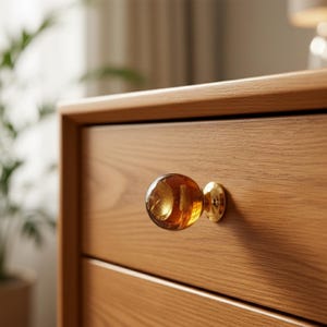 May include: A spherical amber-colored glass drawer knob with a gold-toned metallic base attached to a light brown wooden drawer. The knob features a smooth, rounded surface with internal golden flecks visible through the transparent glass material.