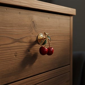 May include: A gold-toned metal drawer knob shaped like a pair of cherries. The two round cherries are finished in a glossy red enamel, while the stems and leaves are detailed with green enamel accents. The knob is mounted on a wooden drawer front.
