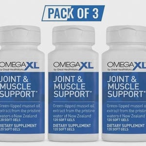 May include: Three white plastic bottles of OmegaXL dietary supplement, each featuring a blue label with the text PACK OF 3 at the top. The labels state JOINT & MUSCLE SUPPORT, Green-lipped mussel oil extract from the pristine waters of New Zealand, and 120 SOFT GELS.