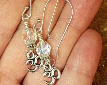 Czech Glass Faceted Crystals Ohm Charm Earrings Dangle Pierced Style Ear Wires Silver Wire Wrap Boho Zen USA