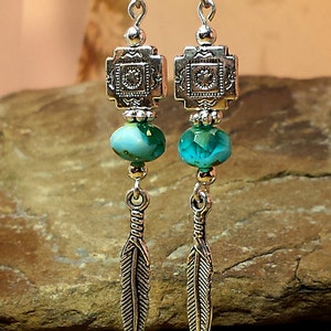 Long Feather Boho Silver Earrings, Aqua Mint Blue Czech Rondelles, Aztec Native Motif, Nature Inspired, Southwestern image 1