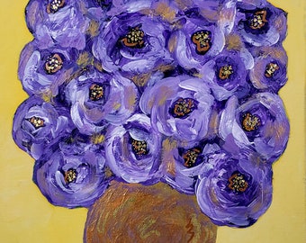 Lavender Blooms in Metallic Vase, Original Acrylic Painting, Purple, Lavender, Gold, Copper, Stretched Canvas, 11x14