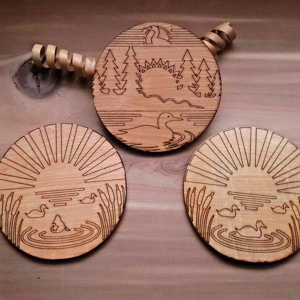 Wooden Coasters, Laser Engraved, Nature Themed, Set of Three, Ducks in a Pond