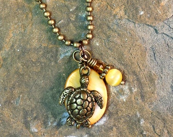 Mother of Pearl Sea Turtle Necklace: Bronze Charm, Czech Crystal, 24" Ball Chain