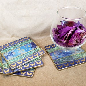 Japanese Washi Tape, Coaster Set, Butterflies, Gold, Purple, Blue, Decorative Serving, Home Décor, Resin