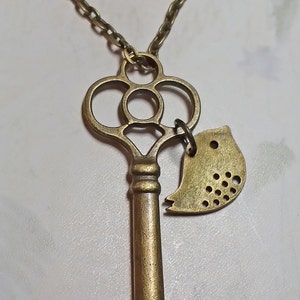 Skeleton Key, Birdie Charm, Necklace, Antiqued Brass 24 &quot;Chain