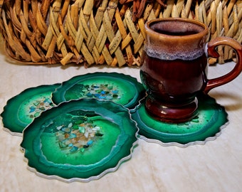 Geode Style Coaster Set, SEE VIDEO, Decorative Serving, Home Décor, Agate, Resin, Sea Shells, Green, Aqua, Silver