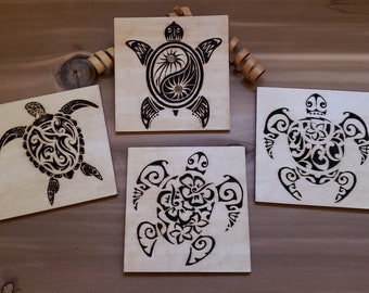 Wooden Coasters, Laser Engraved, Nature Themed, Set of Four Individual Designs, Sea Turtles