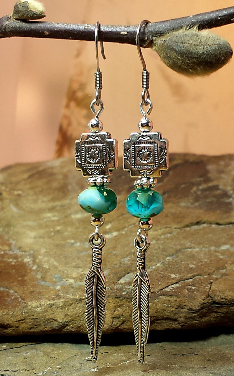 Long Feather Boho Silver Earrings, Aqua Mint Blue Czech Rondelles, Aztec Native Motif, Nature Inspired, Southwestern image 1