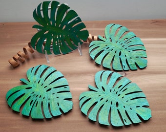 Wooden Coasters, Laser Engraved, Nature Themed, Set of Four Individual Designs, Monstera Leaves