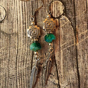 Long Feather Boho Silver Earrings, Aqua Mint Blue Czech Rondelles, Aztec Native Motif, Nature Inspired, Southwestern image 3