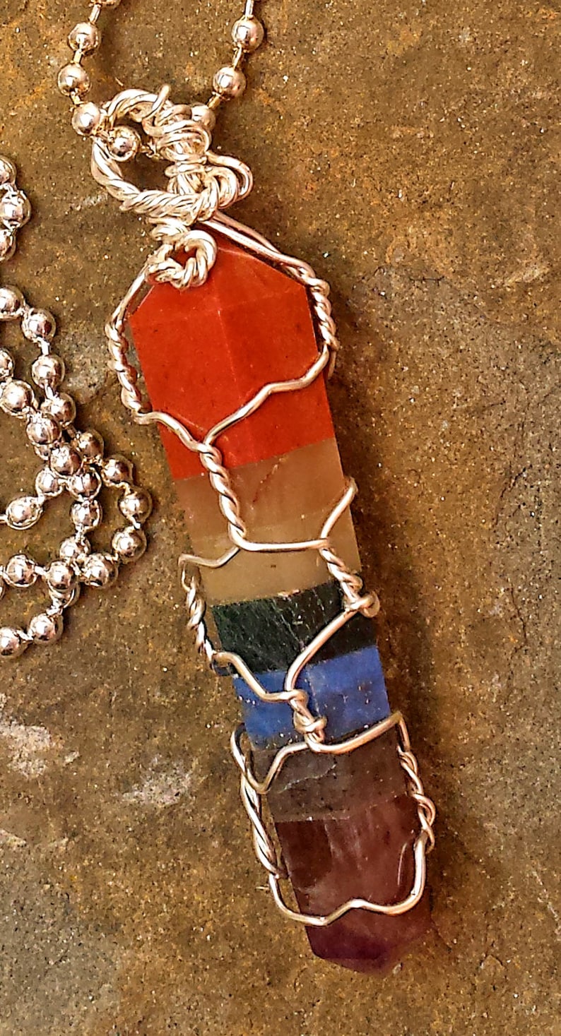 Hand Cut Natural Stone Double Terminated Point 7 Chakra Crystal Healing Grids Wire Wrapped Necklace