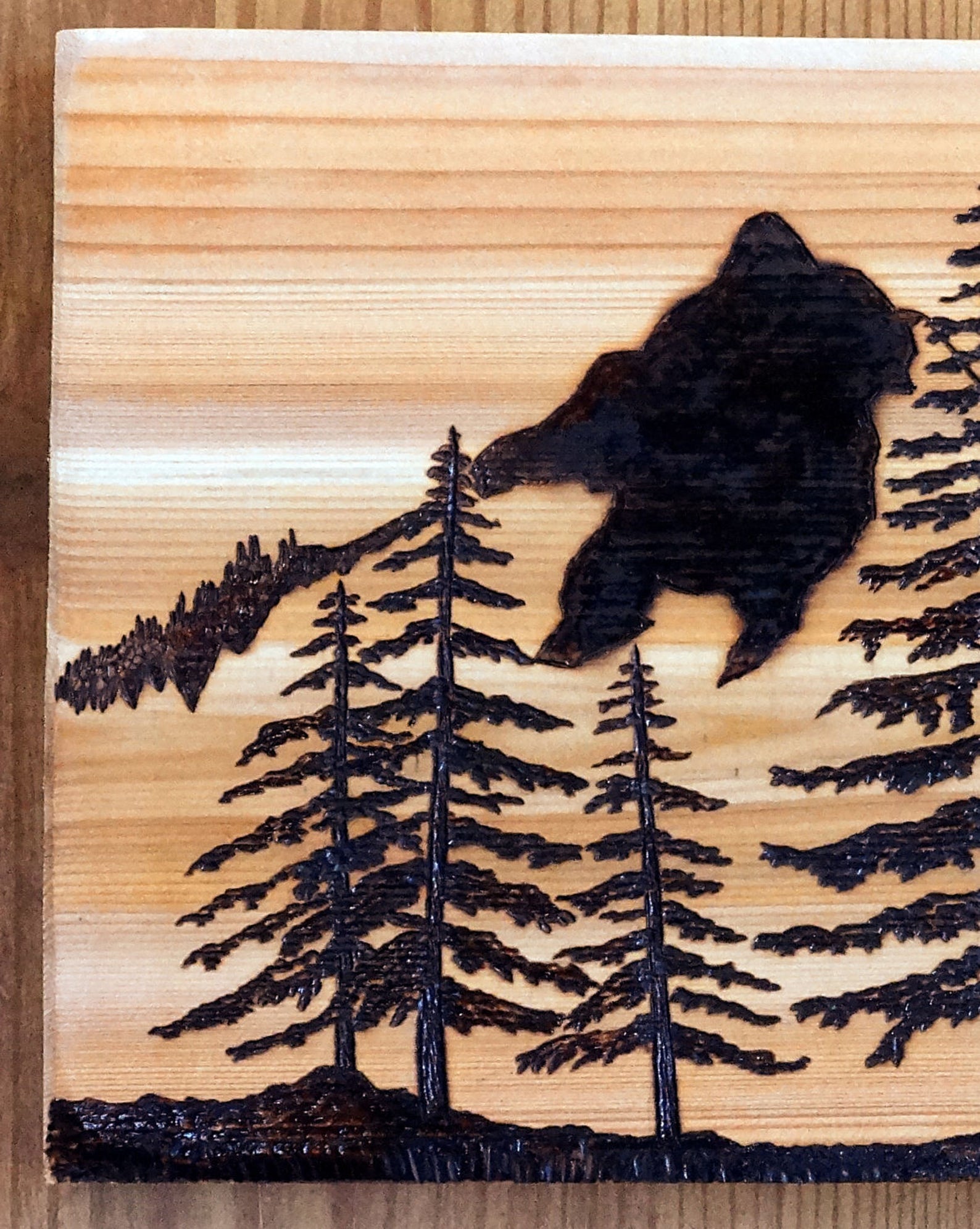Woodburning Art Pyrography Mountains Pine Trees Landscape Etsy