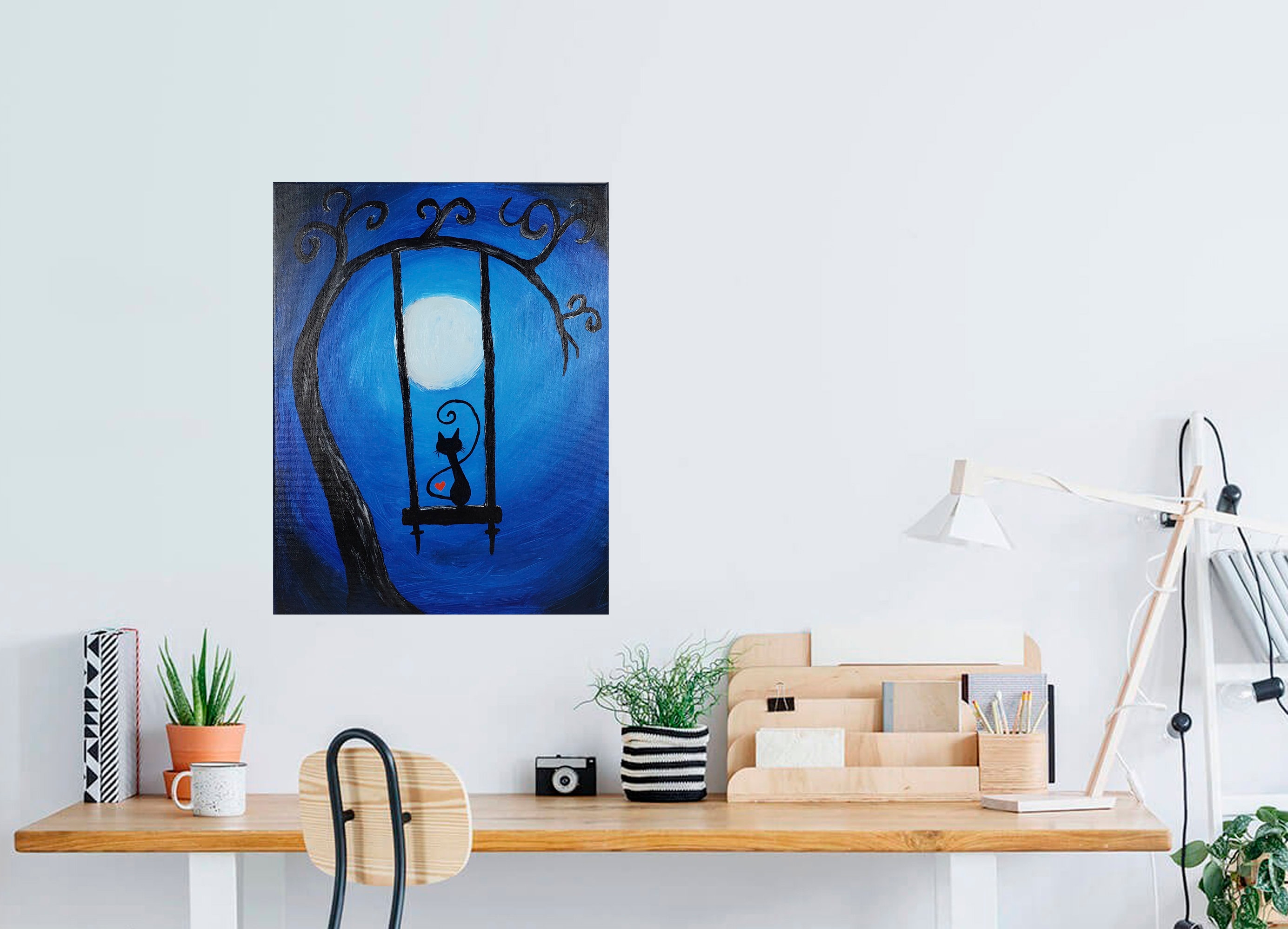 Original Acrylic Black Cat Painting: Whimsical Swing Art (11x14