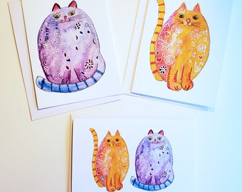 Note Card Set of 3 with Envelopes, Whimsical Cats, Colorful, Finished Size 5" x 7" Print of Original Watercolor Artwork, Blank Inside