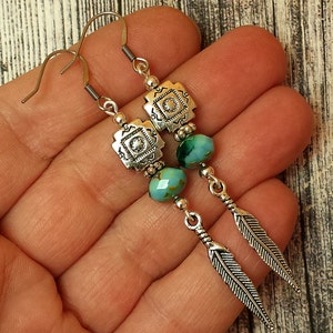 Long Feather Boho Silver Earrings, Aqua Mint Blue Czech Rondelles, Aztec Native Motif, Nature Inspired, Southwestern image 2