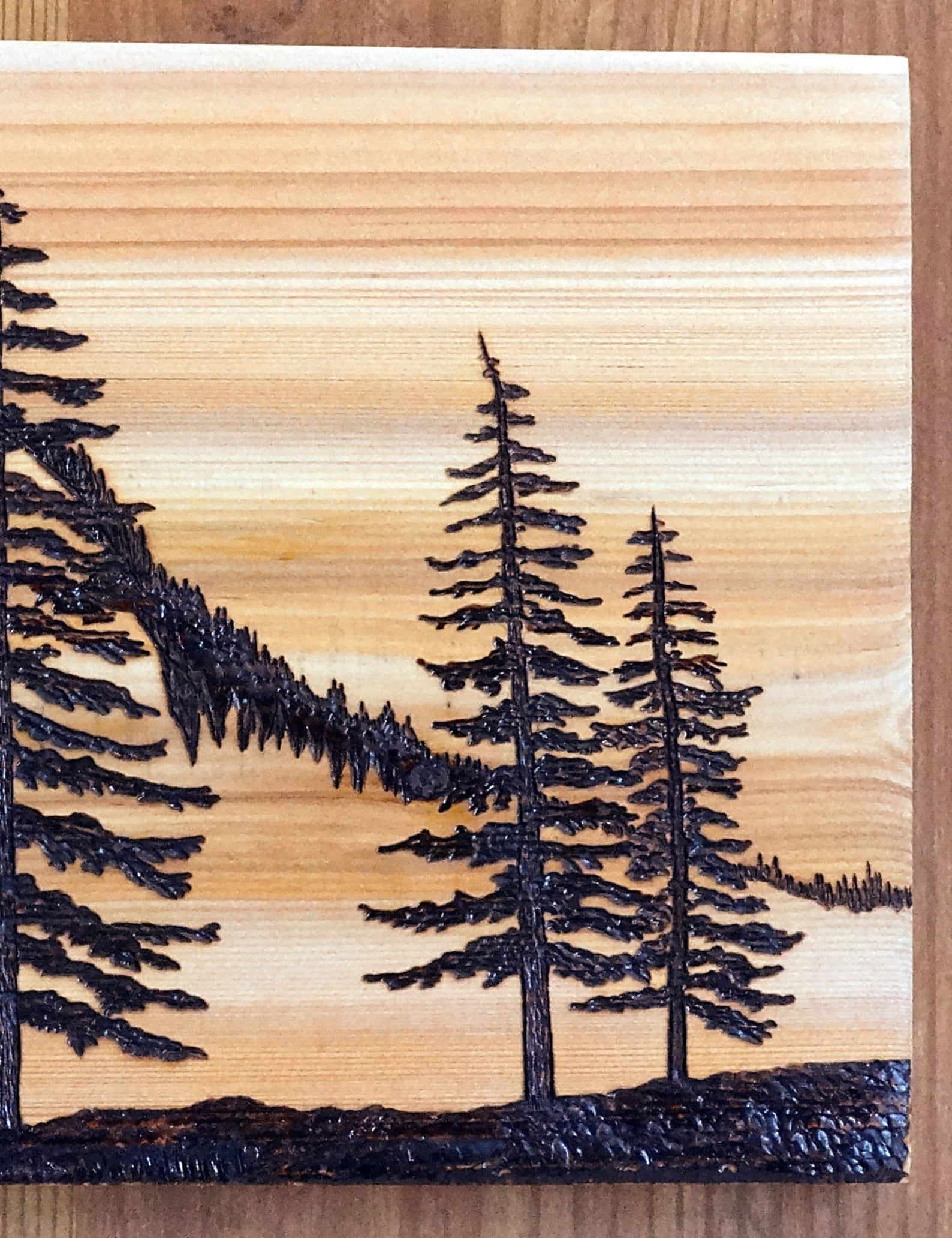 Woodburning Art Pyrography Mountains Pine Trees Landscape Etsy