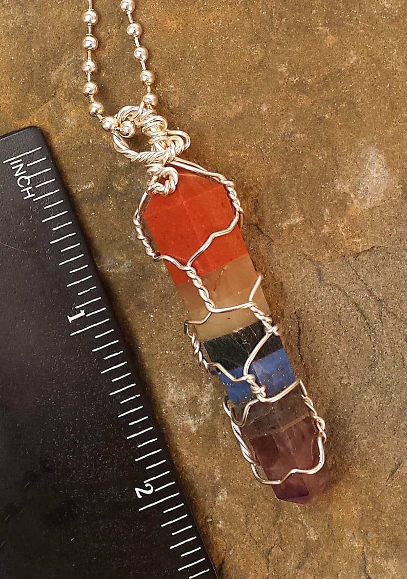 Hand Cut Natural Stone Double Terminated Point 7 Chakra Crystal Healing Grids Wire Wrapped Necklace