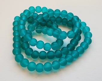 8 mm Round Transparent Frosted Glass Beads, Aqua, 26" Strand, 89 Beads