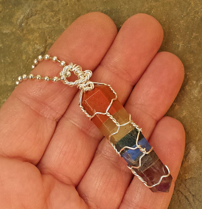 Hand Cut Natural Stone Double Terminated Point 7 Chakra Crystal Healing Grids Wire Wrapped Necklace