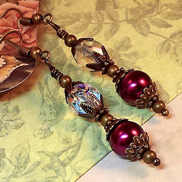 Czech Crystal Burgundy Red Pearl Drops Earrings Dangle Pierced Bronze Wire Wrap Downton Abbey Style