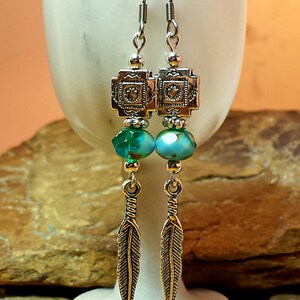 Long Feather Boho Silver Earrings, Aqua Mint Blue Czech Rondelles, Aztec Native Motif, Nature Inspired, Southwestern image 4