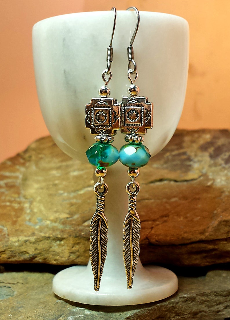 Long Feather Boho Silver Earrings, Aqua Mint Blue Czech Rondelles, Aztec Native Motif, Nature Inspired, Southwestern image 4