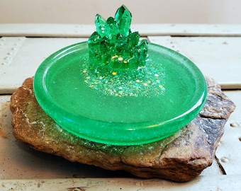 Round Ring/Jewelry Dish, Resin Crystal, Emerald Green, Gift, Guest, Luxury, Home Decor