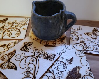 Wooden Coasters, Laser Engraved, Nature Themed, Set of Six Individual Designs, Butterflies, Swirls, Flowers