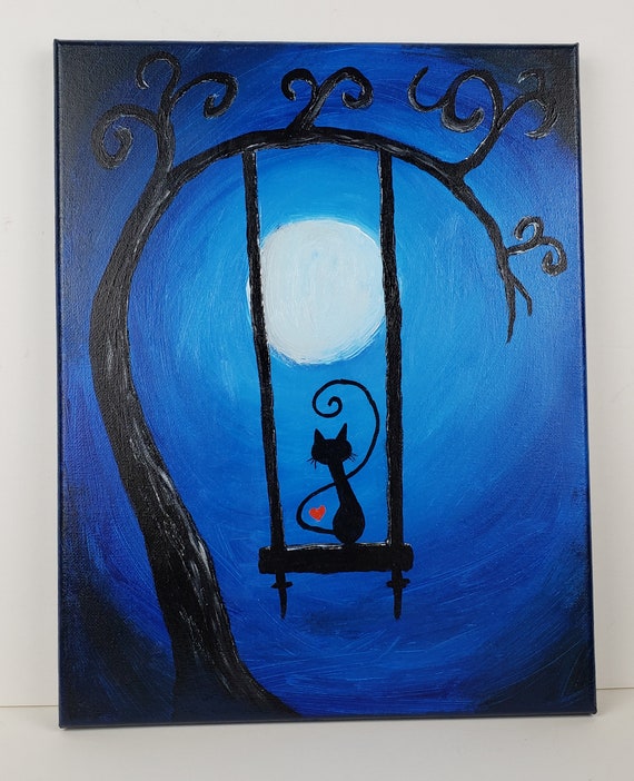 Original Acrylic Painting, 11x14 Stretched Canvas, Black Cat on a Swing in  a Gnarly Tree With a Red Heart 