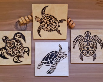 Wooden Coasters, Laser Engraved, Nature Themed, Set of Four Individual Designs, Sea Turtles