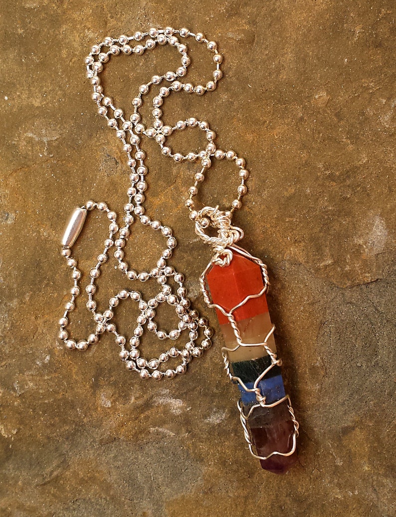 Hand Cut Natural Stone Double Terminated Point 7 Chakra Crystal Healing Grids Wire Wrapped Necklace