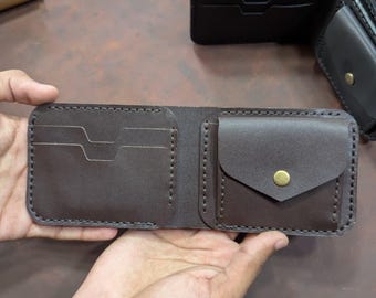 Handcrafted Dark Brown Leather Bifold Wallet, Minimalist Men's Card Holder with Snap Coin Pouch