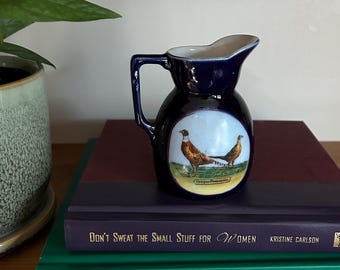 Vintage Cobalt Blue Mini Pitcher with Oregon Pheasants, Small Porcelain Creamer Made in Germany, Cabin Decor, Bird Lover Gift, Cottagecore