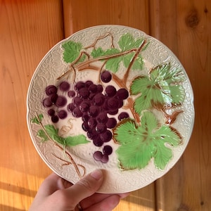 1930s St Clement France Majolica Grape Plate, French Barbotine 8.5" Wall Decor Pottery