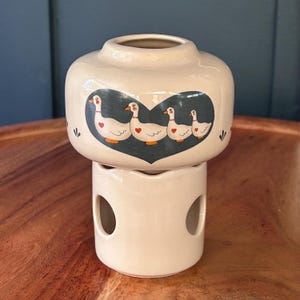 Vintage 1980-tals potpurri-sjudkruka, keramisk värmeljusvaxsmältvärmare, blått gässhjärta, lantlig köksinredning, present till mamma, CBK