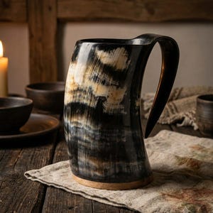 Puede incluir: Un recipiente para beber hecho de un cuerno animal natural, con una superficie pulida y curva con un patrón jaspeado en tonos negros, blancos y ámbar. Incluye un asa de cuerno integrada y una base de madera plana y circular.