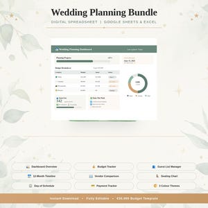 Könnte beinhalten: Ein digitales Hochzeitsplanungs-Tabellenblatt für Google Sheets und Excel. Das Dashboard zeigt den Planungsfortschritt, eine Budgetaufschlüsselung mit Donut-Diagramm, eine Gästeliste und wöchentliche Aufgaben. Enthält Tracker für Budget, Anbieter und Zahlungen.