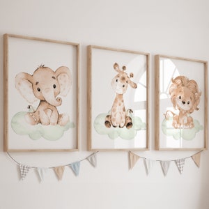Decoración de pared neutra para habitación de bebé, niña y niño, pósteres con estampado artístico de zoológico para guardería, animales de safari, jungla, beige pastel, juego de 3 digitales para niños